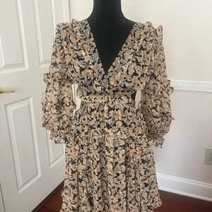 Anthropologie Black & Cream Floral V-Neck Tiered Dress